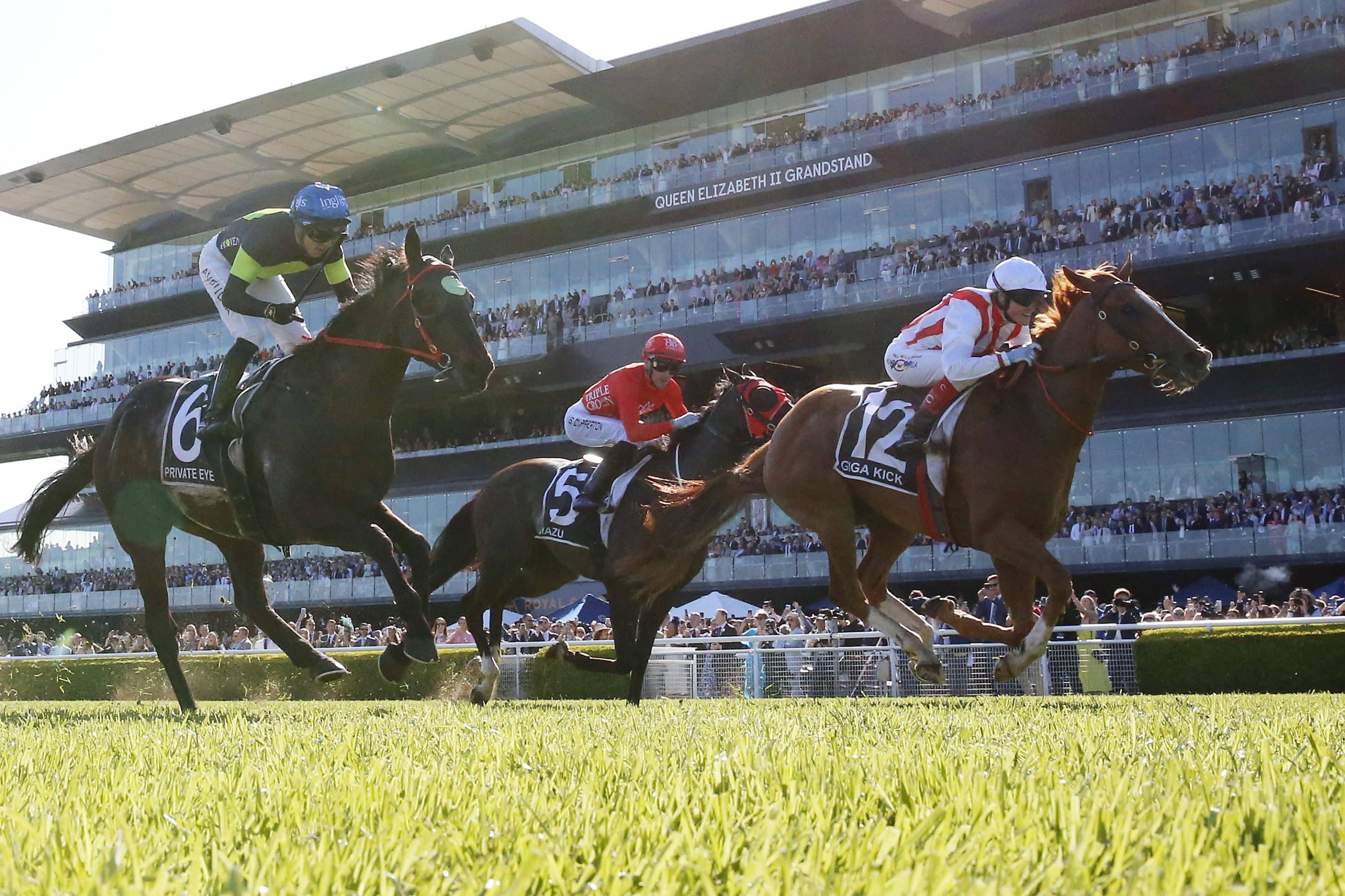 SYDNEY, AUSTRALIA - OCTOBER 15: Craig Williams on Giga Kick (R) wins race 7 the TAB Everest during Everest Day at Royal Randwick Racecourse on October 15, 2022 in Sydney, Australia. (Photo by Mark Evans/Getty Images)