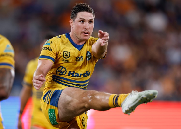 SYDNEY, AUSTRALIA - APRIL 21: Mitchell Moses of the Eels kicks the ball during the round seven NRL match between the Wests Tigers and Parramatta Eels at CommBank Stadium on April 21, 2025, in Sydney, Australia. (Photo by Darrian Traynor/Getty Images)