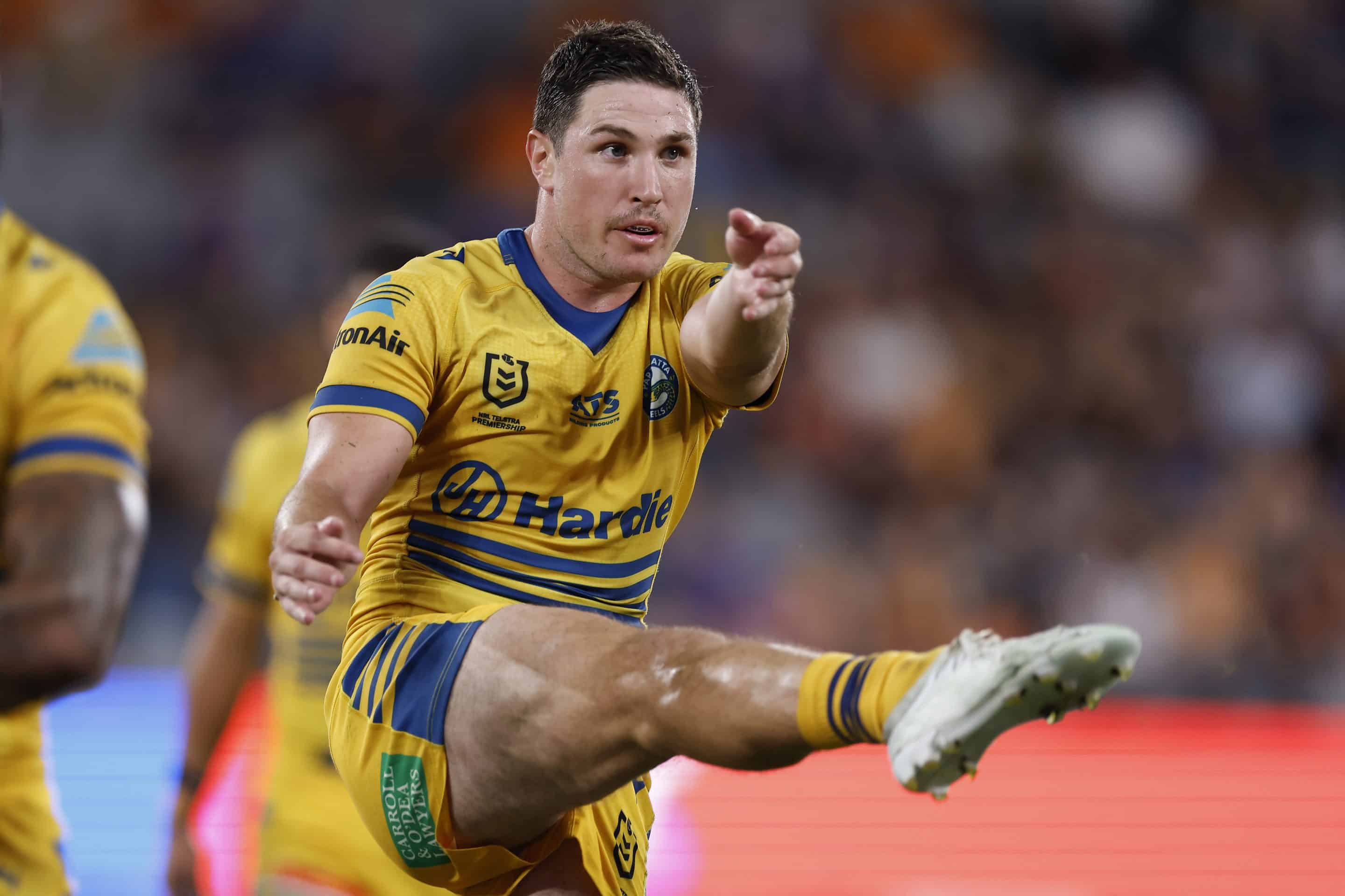 SYDNEY, AUSTRALIA - APRIL 21: Mitchell Moses of the Eels kicks the ball during the round seven NRL match between the Wests Tigers and Parramatta Eels at CommBank Stadium on April 21, 2025, in Sydney, Australia. (Photo by Darrian Traynor/Getty Images)